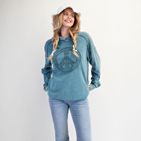 NEW EASEL CLOTHING WASHED TERRY KNIT PULLOVER PEACE HOODIE TEAL SWEATSHIRT - Picture 1 of 8